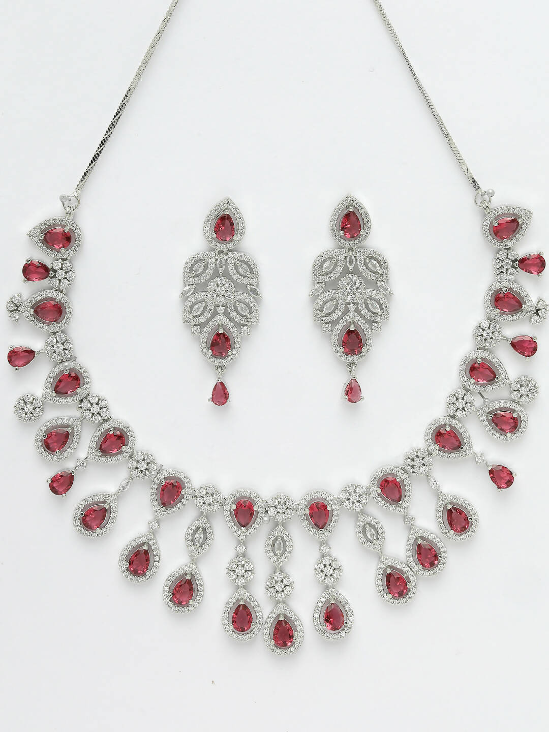 NVR Women Silver Plated & Maroon Cz Stone Handcrafted Jewellery Set