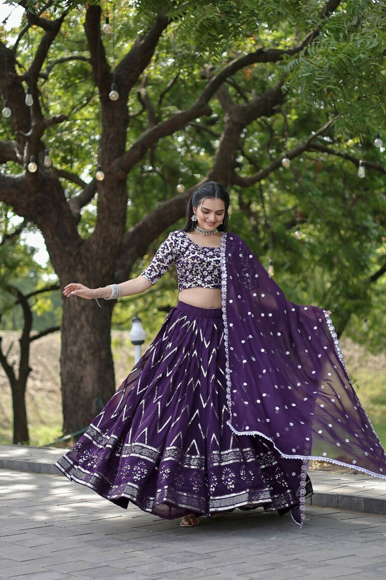 Vastranavya Faux Blooming With Sequins And Thread Embroidered Work Lehenga Choli With Dupatta - Purple