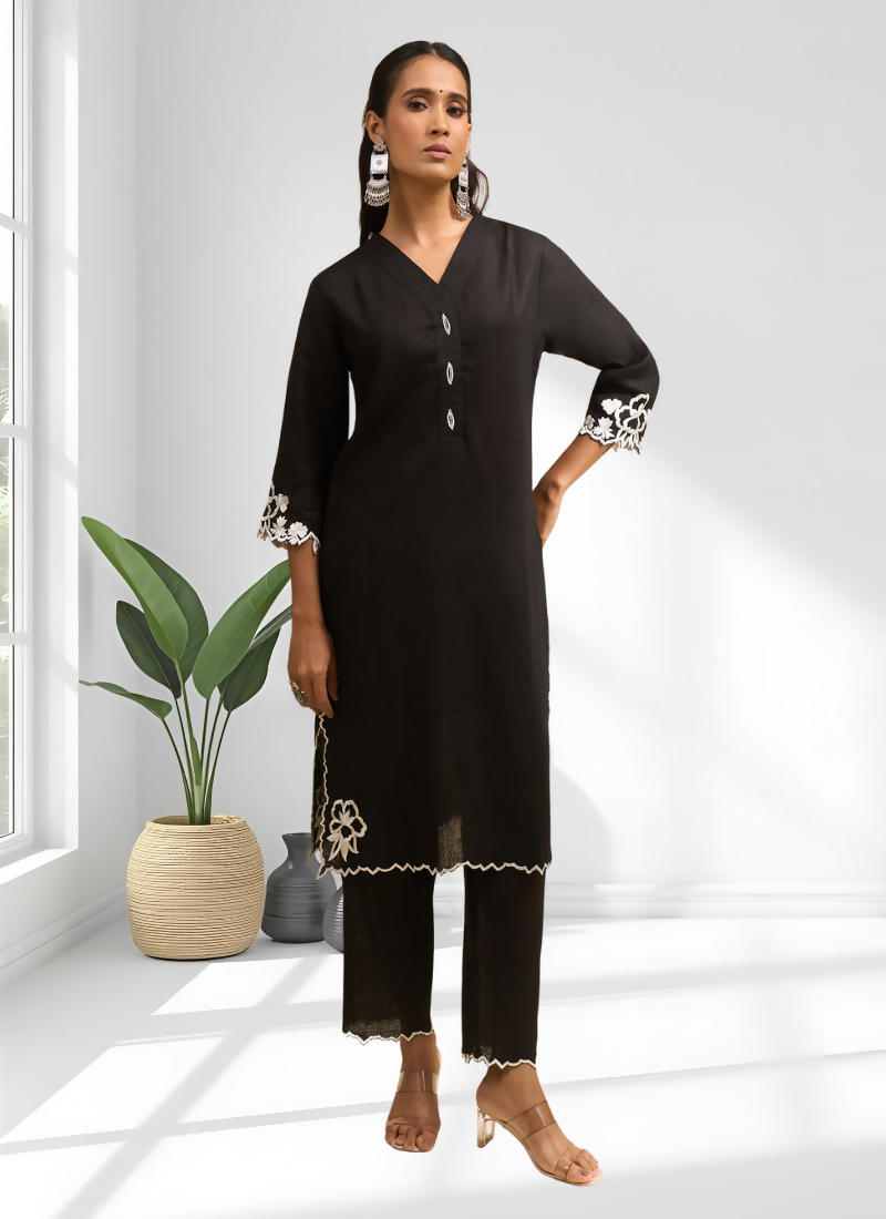 Joban Fashion Black Linen Embroidered Readymade Long Kurta With Pant - Distacart