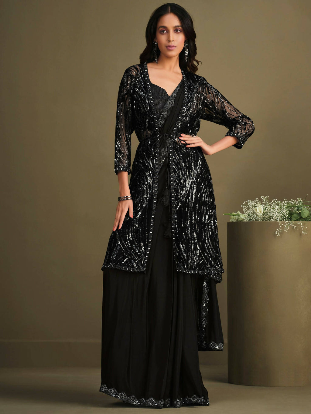 Black Crepe Silk Sequence Embroidered & Stone Work With Sequence Work Jacket Saree With Stitched Blouse - Mohmanthan La Belle