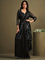 Black Crepe Silk Sequence Embroidered & Stone Work With Sequence Work Jacket Saree With Stitched Blouse - Mohmanthan La Belle