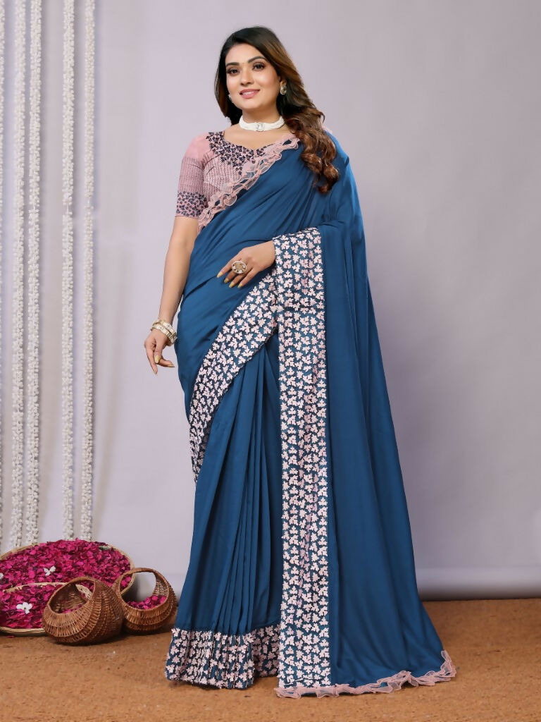 Teal Blue Silk Georgette Laser Cut Embroidery Wired Frills Saree - Norita Saumya