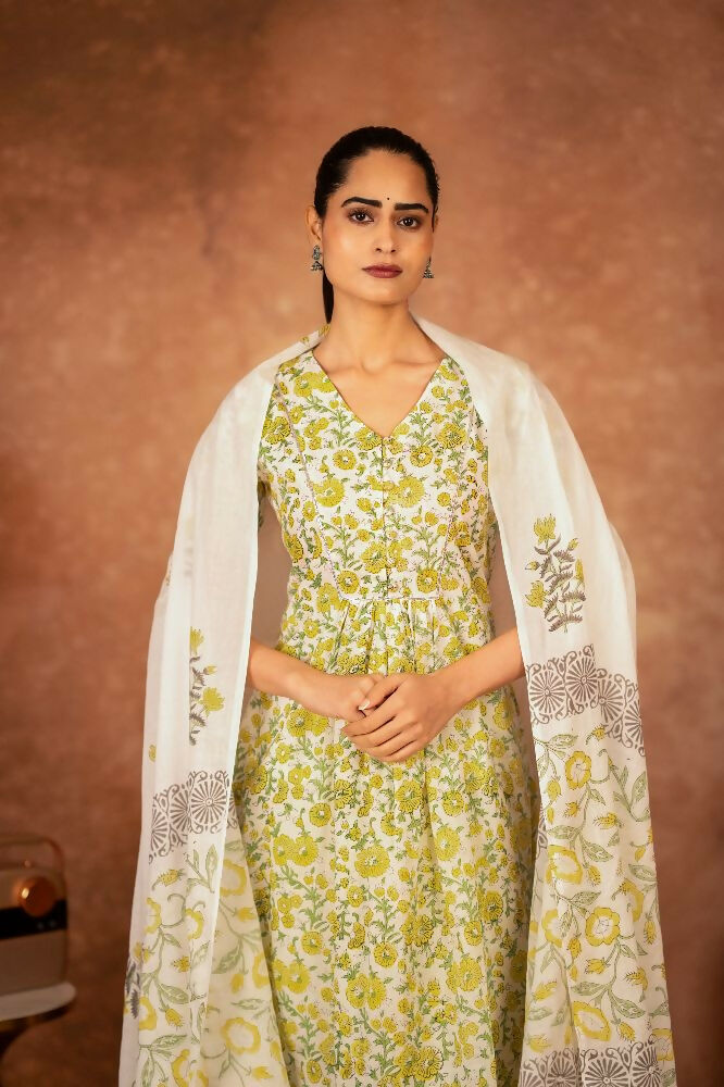 Joban Fashion Yellow Hand Block Printed Cotton Suit Set - Distacart