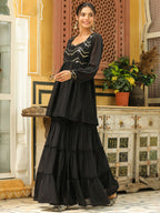Janasya Black Georgette Sequined Tunic & Bottom