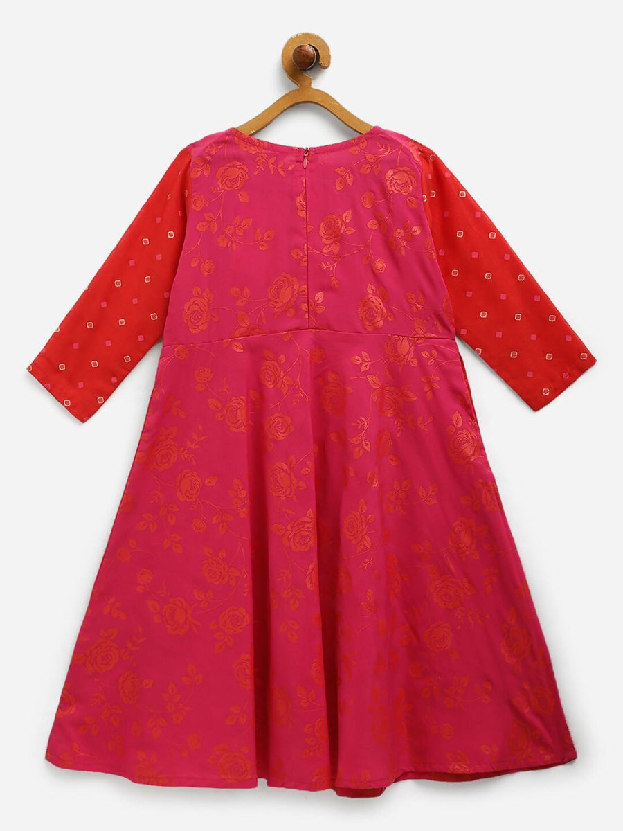 Ahalyaa Dark Pink Crepe Khari Print kids Dress Attached Jacket For Girls