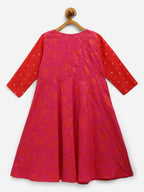 Ahalyaa Dark Pink Crepe Khari Print kids Dress Attached Jacket For Girls