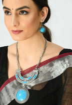 Mominos Fashion Johar Kamal Oxidised Silver-Plated Stone Work Long Necklace Handicraft Sky Blue - Distacart
