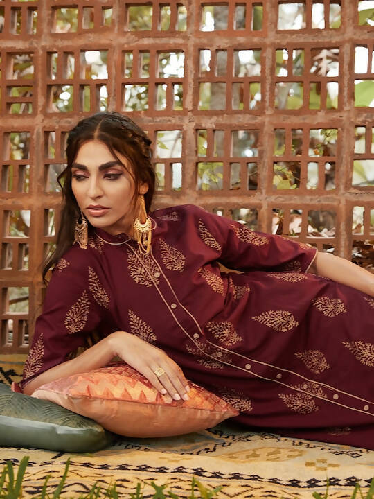 Women Maroon & Golden Pure Cotton Printed Kurta with Palazzos - Vishwa
