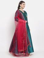 Myshka Women's Green Silk Solid 3/4 Sleeve V Neck Casual Anarkali Kurta Dupatta Set