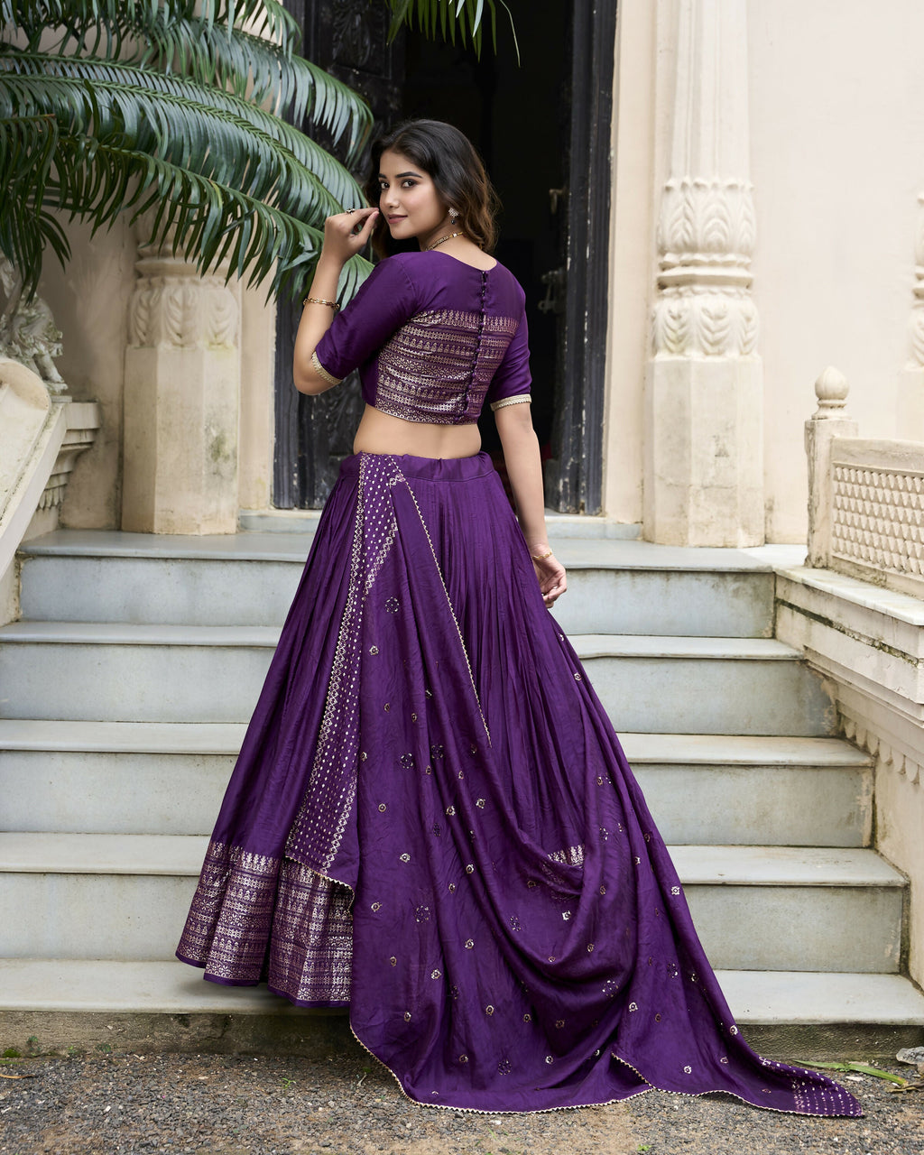 Lorenvalley Purple Pure Chanderi Plain With Zari Weaving Work Border Lehenga Choli