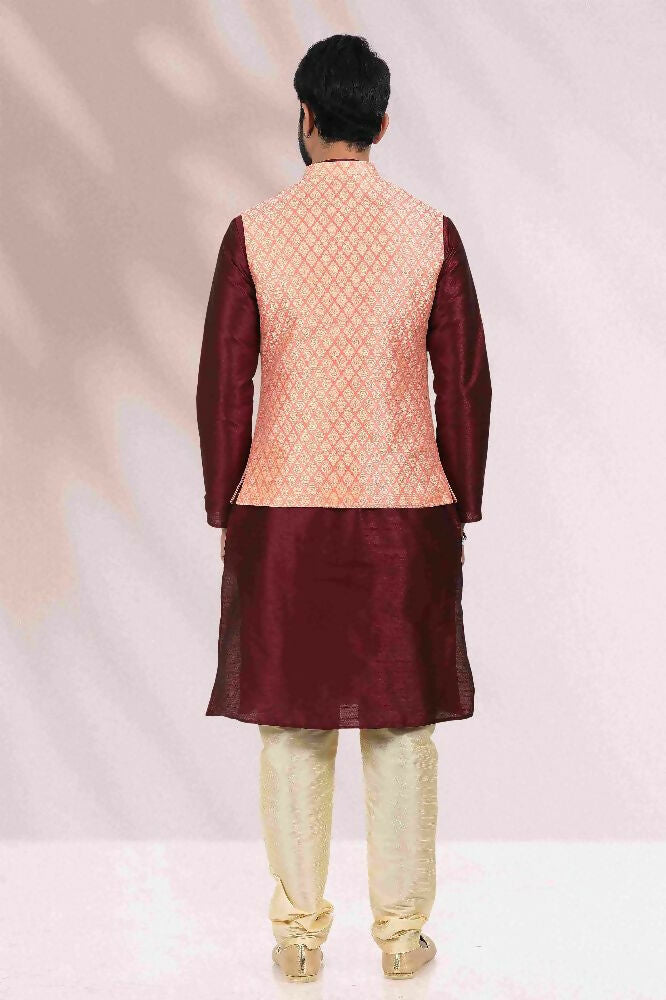 Raivat Ethnic Jacquard Banarasi Silk Woven Work 3 Pics Jacket Set In Peach Colour - Distacart