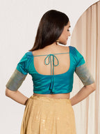 Joban Fashion Fire Blue Taffeta Silk Padded Blouse With Round Neck Elbow Sleeves - Distacart