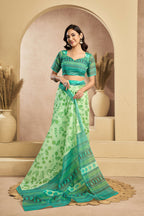 Vastranavya Mint Green Digital Printed Linen Ready To Wear Designer Saree with Unstitched Blouse - Distacart