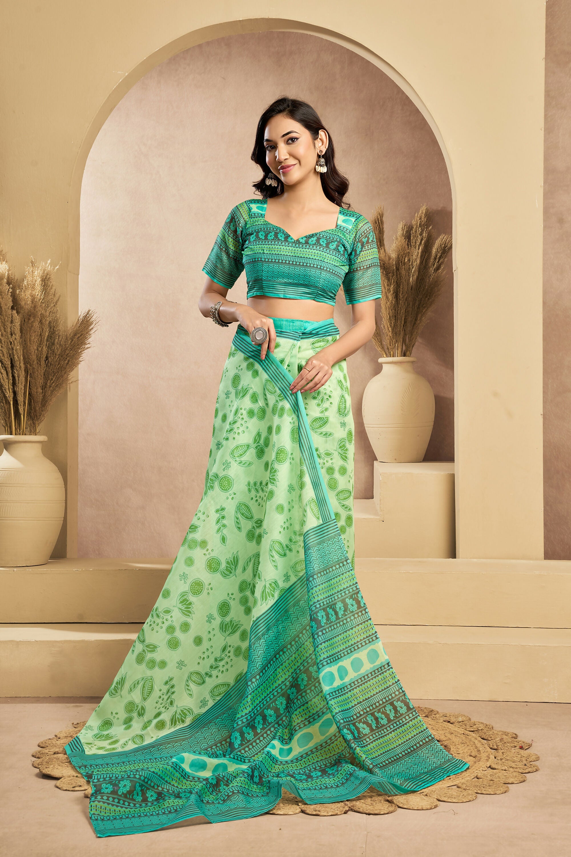 Vastranavya Mint Green Digital Printed Linen Ready To Wear Designer Saree with Unstitched Blouse - Distacart