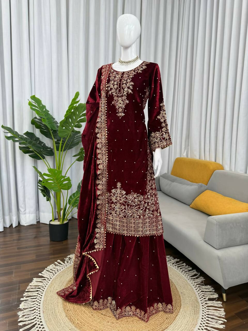 Vastranavya Maroon Viscose Velvet Cording Sequence With Moti Work Top-Bottom With Dupatta - Distacart
