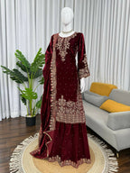 Vastranavya Maroon Viscose Velvet Cording Sequence With Moti Work Top-Bottom With Dupatta - Distacart