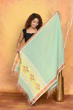 Very Much Indian Handloom Pure Cotton Paithani Dupatta - Sea Green