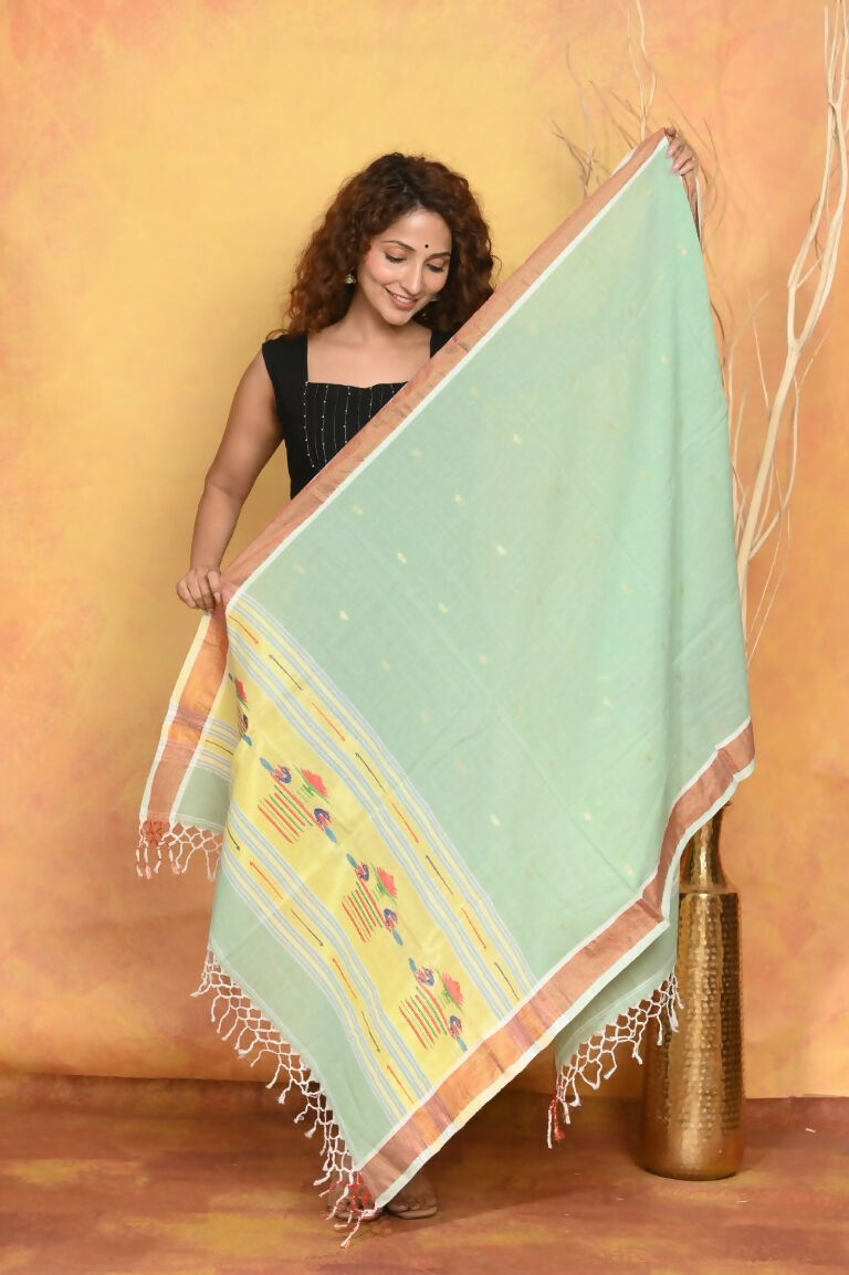 Very Much Indian Handloom Pure Cotton Paithani Dupatta - Sea Green