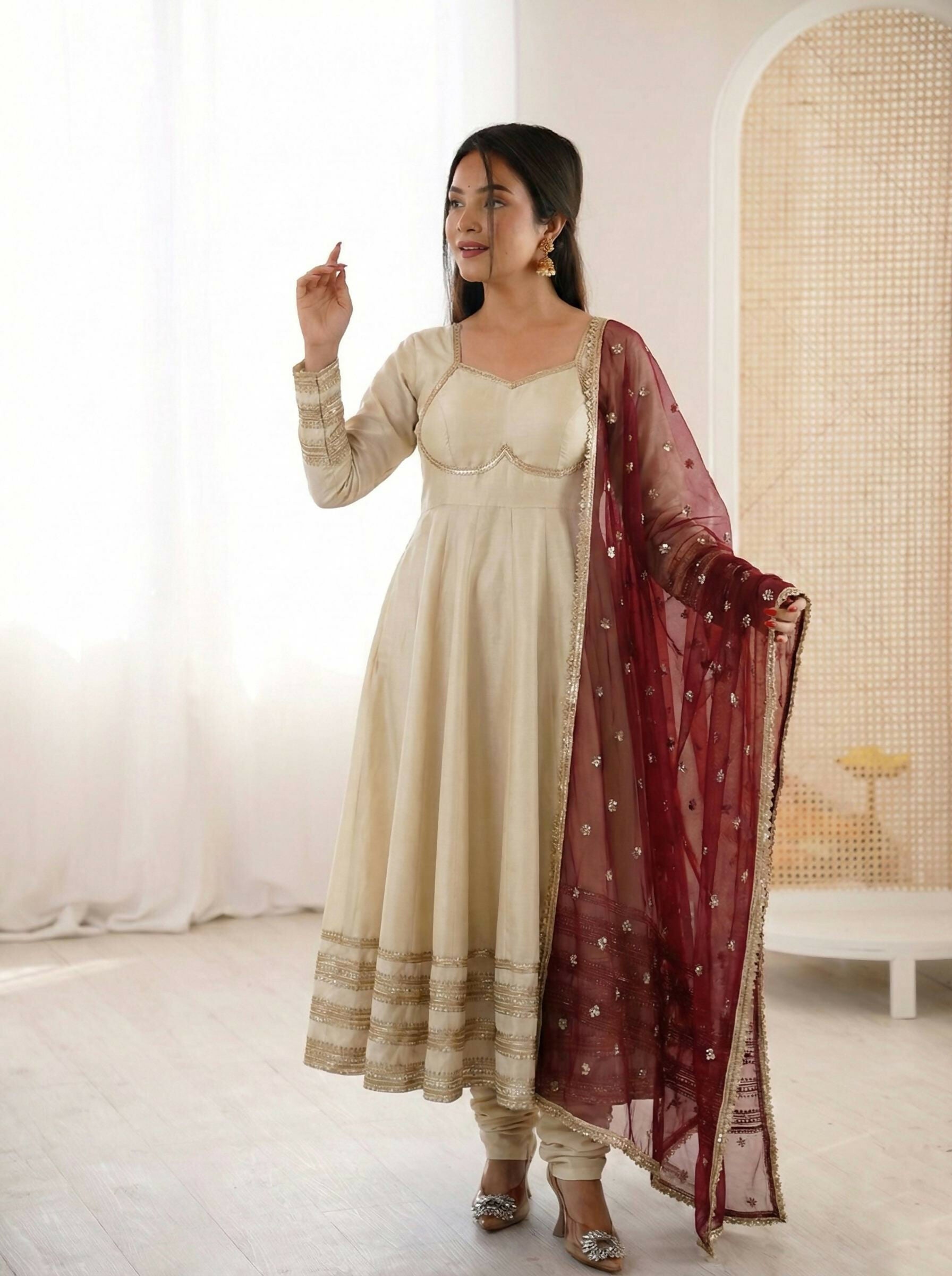 Teeya Creation Cream Cosmos Gold Lace Work Party Wear Gown - Distacart