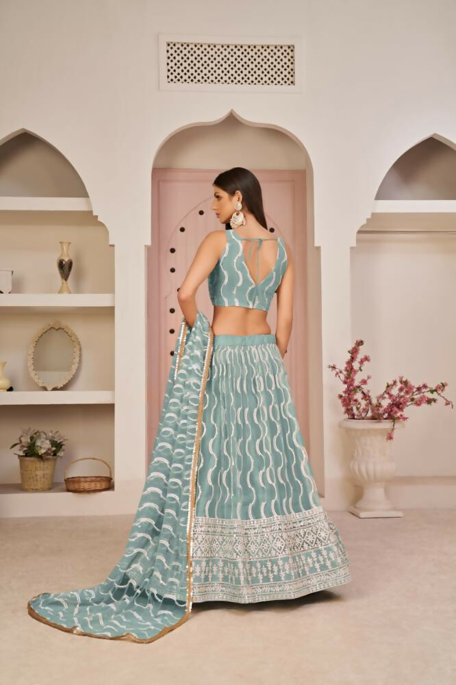 Aastha Fashion Ocean Blue Butterfly Net White Cotton Thread Work, Zari Work And Sandwich Sequence Work Embroidery Wedding Wear Lehenga Choli