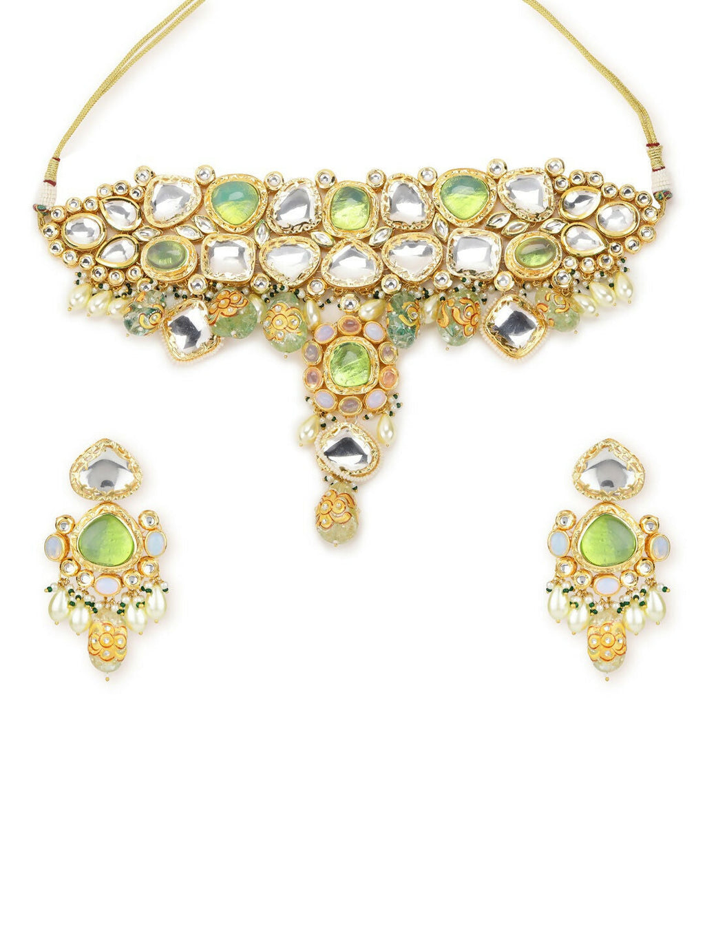 Green Maharani Kundan Neckpiece with Earrings and Maang Tikka- Ruby Raang