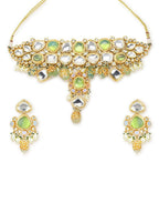 Green Maharani Kundan Neckpiece with Earrings and Maang Tikka- Ruby Raang