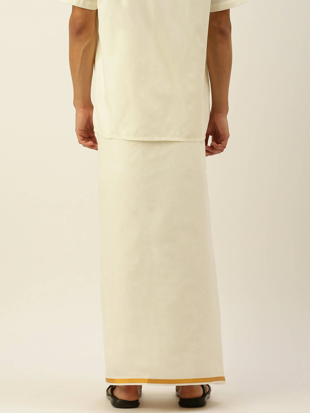 Ramraj Cotton Mens Pure Cotton 1/2 Inch Gold Jari Dhoti - Cream