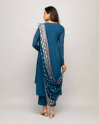 FIORRA Women's Teal Blue Creap A-Line Kurta Pant With Dupatta