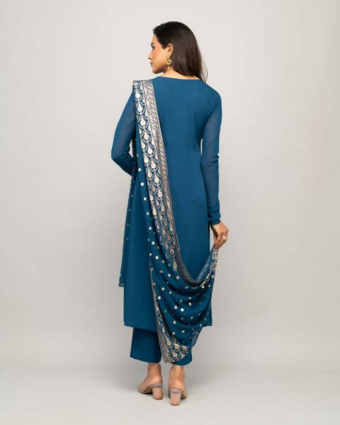 FIORRA Women's Teal Blue Creap A-Line Kurta Pant With Dupatta