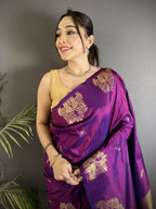 Joban Fashion Purple Motifs Zari Weaving Soft Silk Banarasi Saree