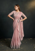 Coral Organza Silk Crepe Cord Sequence & Thread Embroidered & Stone Work Saree - Moh-Manthan Royal Enigma