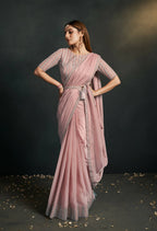 Coral Organza Silk Crepe Cord Sequence & Thread Embroidered & Stone Work Saree - Moh-Manthan Royal Enigma