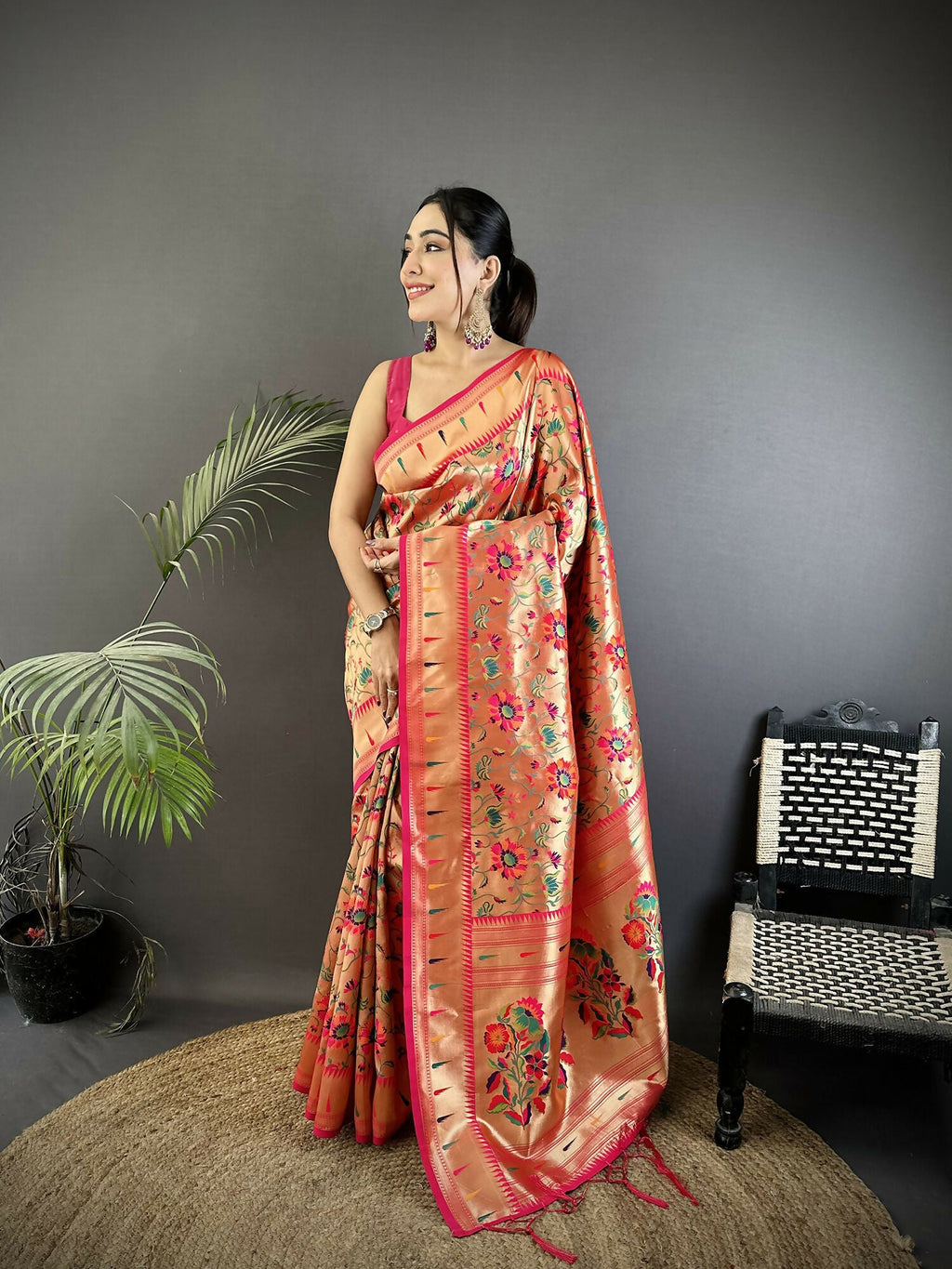 Joban Fashion Rani Pink Floral Vine Pattern Soft Silk Paithani Saree - Distacart