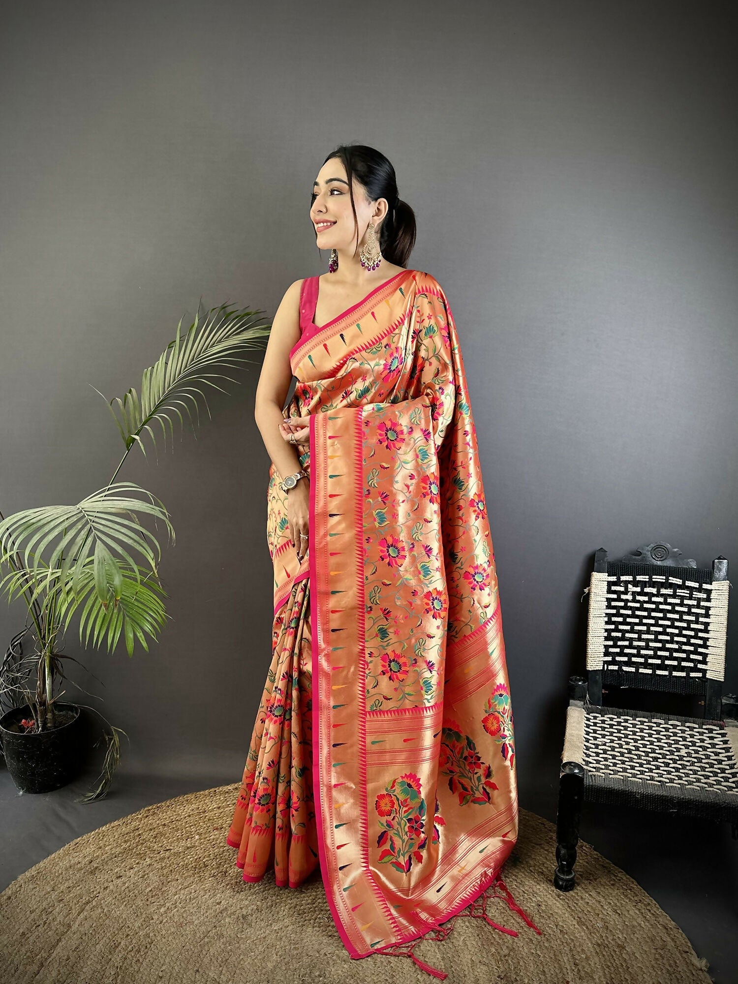 Joban Fashion Rani Pink Floral Vine Pattern Soft Silk Paithani Saree - Distacart