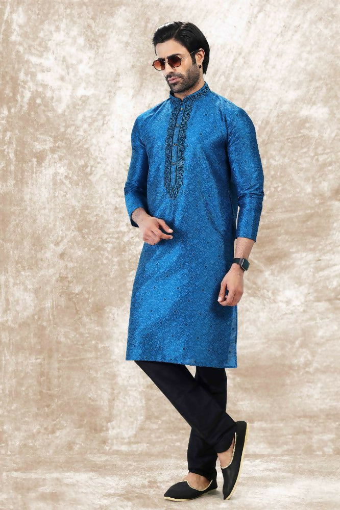 Raivat Ethnic Jacquard Silk Brocade Thread Work Kurta Pajama In Blue Colour
