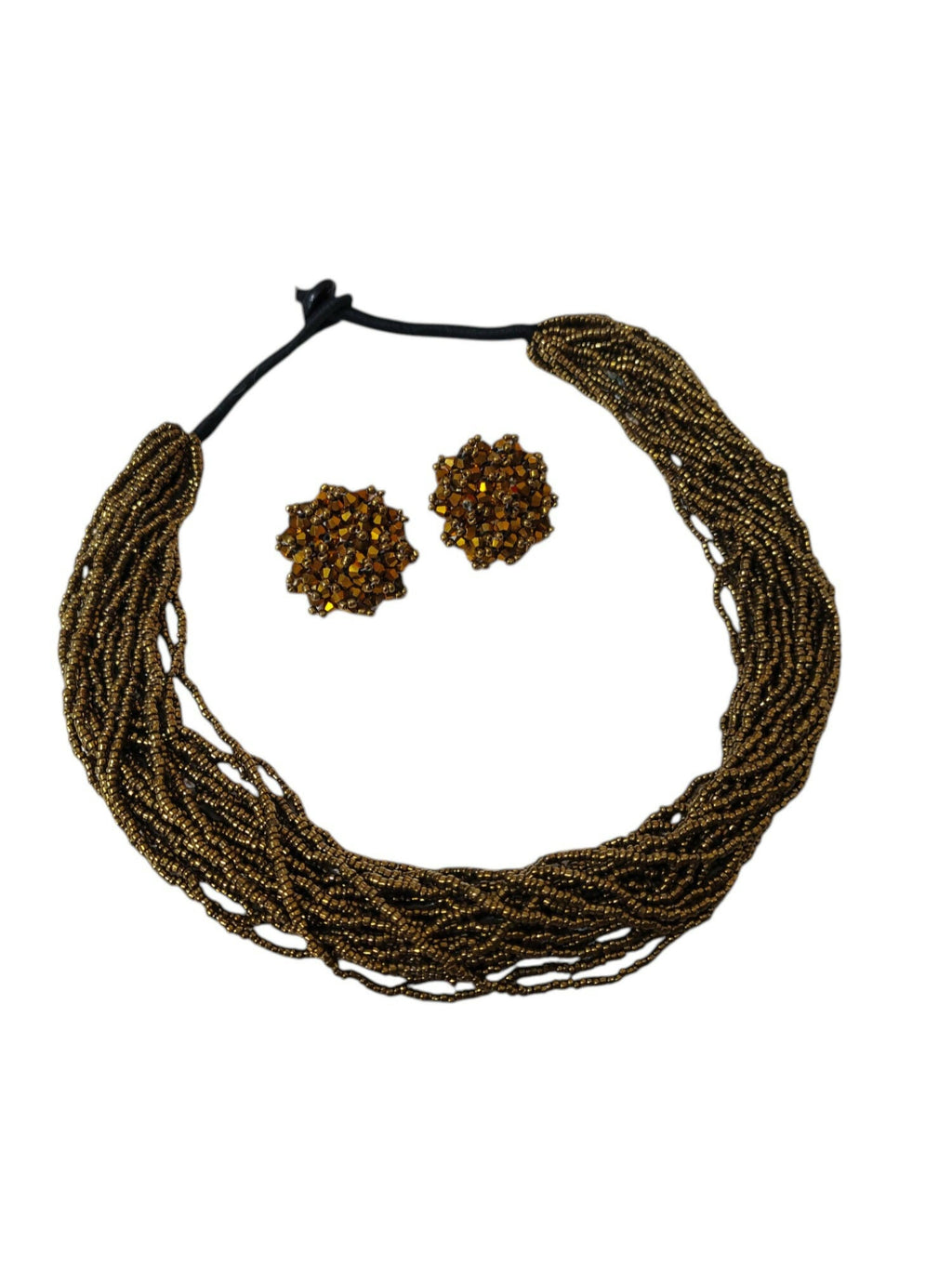 Inhanns Vibrant Handmade 20 Layers Beaded Necklace With Matching Earrings - Golden