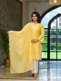 Juniper Women's Yellow Thread Embroidered Viscose Kurta Palazzo And Dupatta Set With Thread & Mirror Work