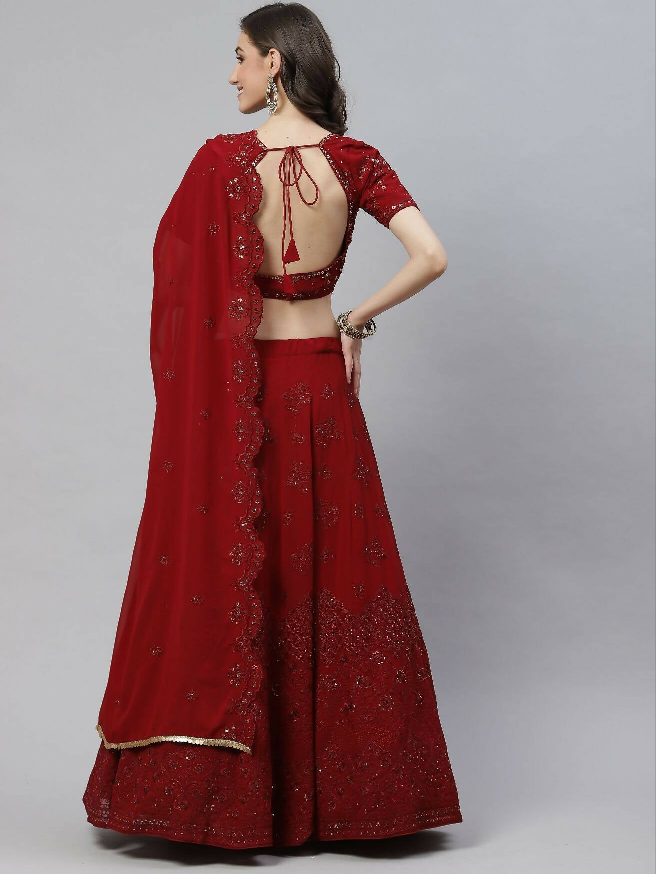Maroon Georgette Thread with Sequins Embroidered work Lehenga Choli with Dupatta - Jivika