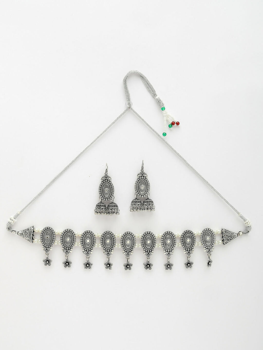 NVR Women's Silver-Plated Choke Oxidized Necklace with Jhumka Earrings