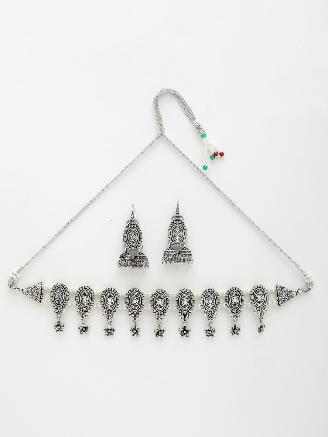 NVR Women's Silver-Plated Choke Oxidized Necklace with Jhumka Earrings