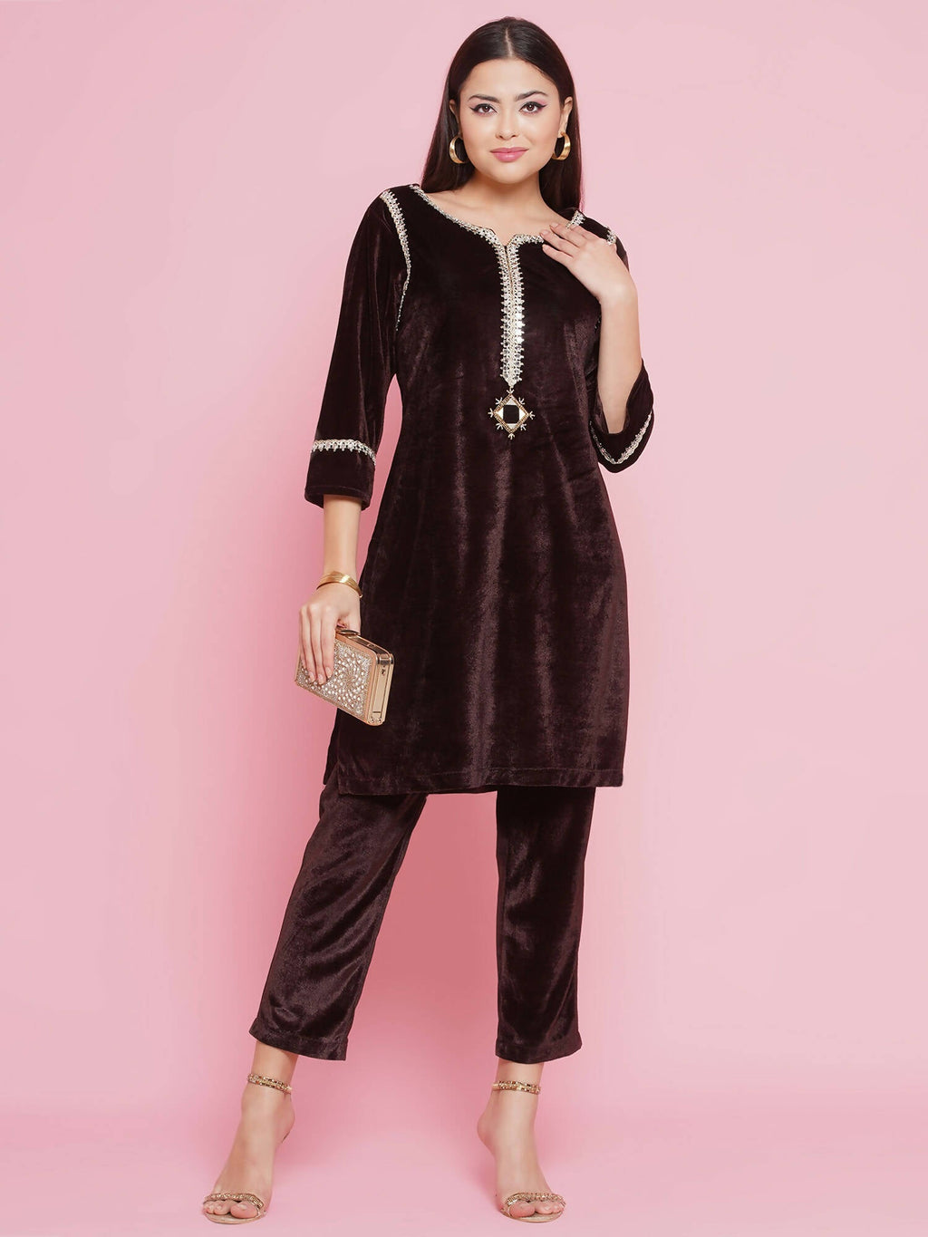 Women Republic Brown Velvet Embellished Co-Ord Set - Distacart