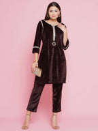Women Republic Brown Velvet Embellished Co-Ord Set - Distacart