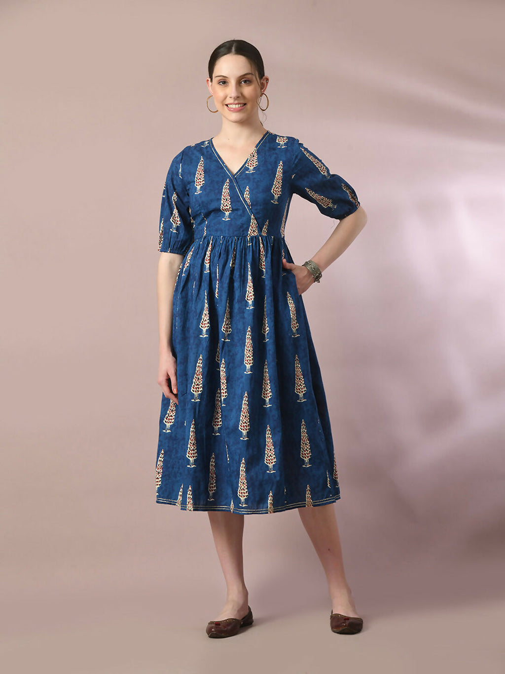 Myshka Women's Blue Printed Cotton V-Neck Empire Party Dress - Distacart
