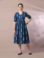Myshka Women's Blue Printed Cotton V-Neck Empire Party Dress - Distacart