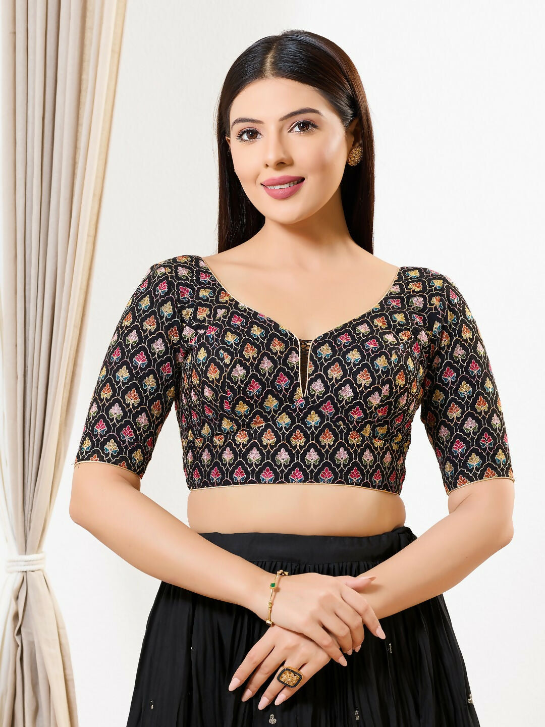 Joban Fashion Black Silk Padded Blouse With Sweetheart Neck Elbow Sleeves - Distacart