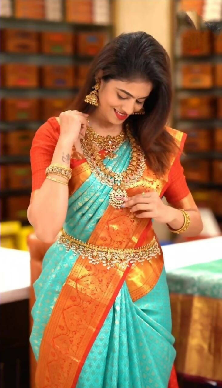 DEIANA'S Beautiful Designer Golden zari Soft Lichi Silk Saree - Sky