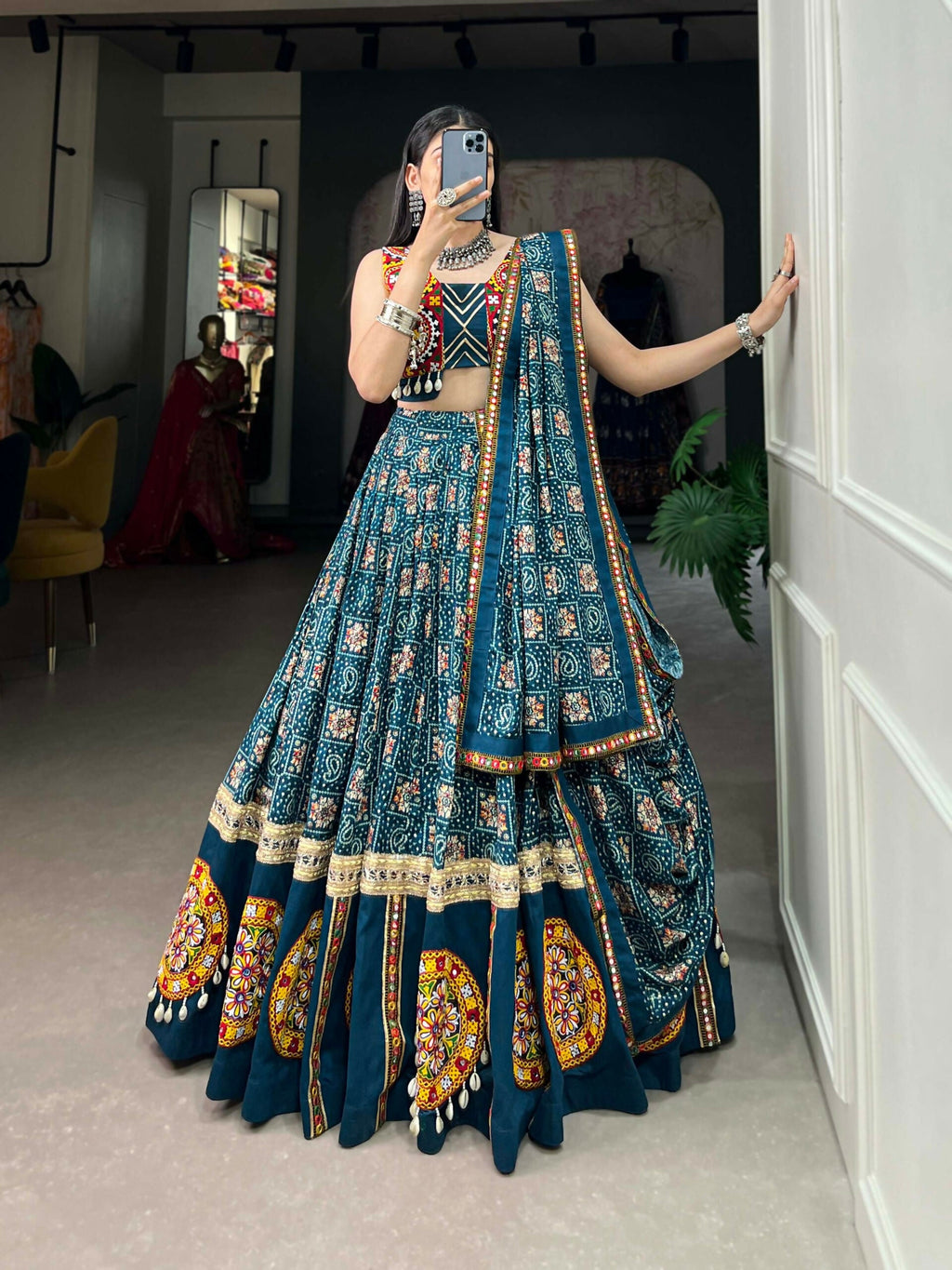 Vastranavya Navaratri Special Pure Rayon Printed With Foil Work And Gamthi Patch Work With Lace Touch Up Lehenga with Stitched Blouse - Teal