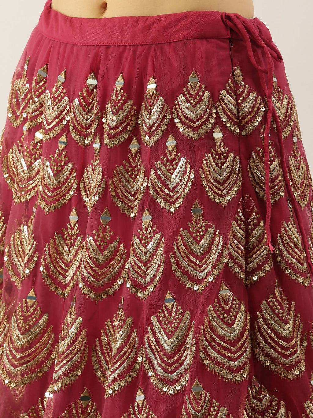 House of Panchhi Women Rosegold Net Embroidered Mirror Lehenga & Blouse with Dupatta