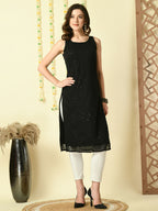 Myshka Women's Black Georgette Sleeveless Straight Party Kurta