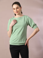 Myshka Women's Sea Green Solid Boat Neck Party Top
